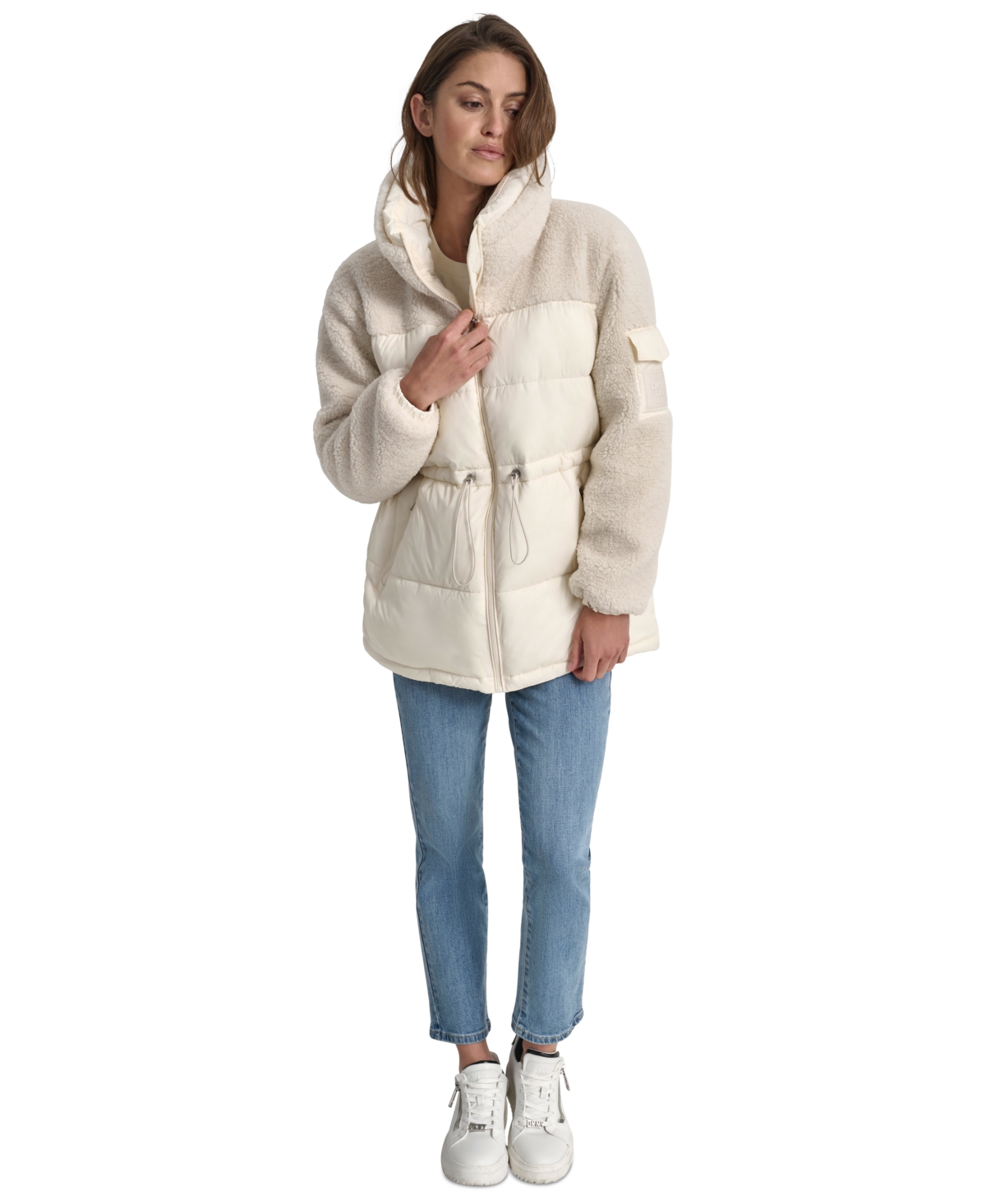 Dkny Jeans Women's Faux-sherpa Puffer Mixed Coat In G0h - Eggnog