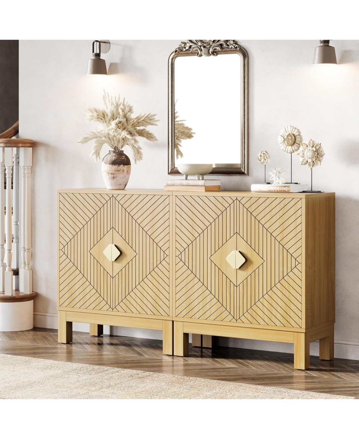 Tribesigns Sideboard Buffet Cabinet, Set of 2 Farmhouse Storage Cabinet with 2 Doors, Wood Accent Coffee Buffet Cabinet for Living Room, Bedro