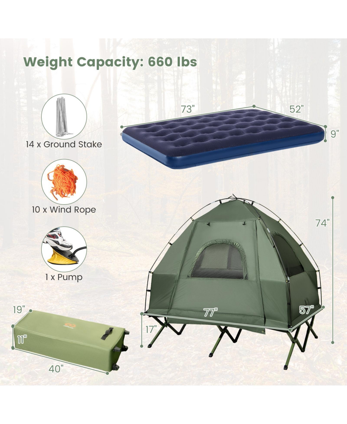 Sugift 5-in-1 2-Person Foldable Outdoor Camping Tent Cot with Air Mattress and Sleeping Bag