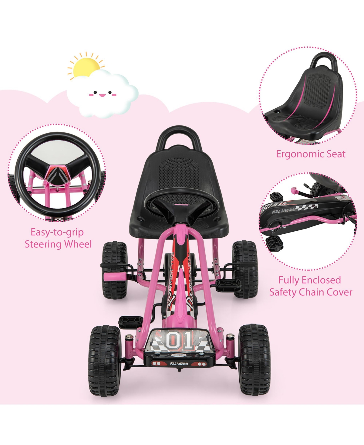 Gymax Kids Pedal Go Kart 4 Wheel Ride On Toys w/ Adjustable Seat Handbrake Red - Red+black