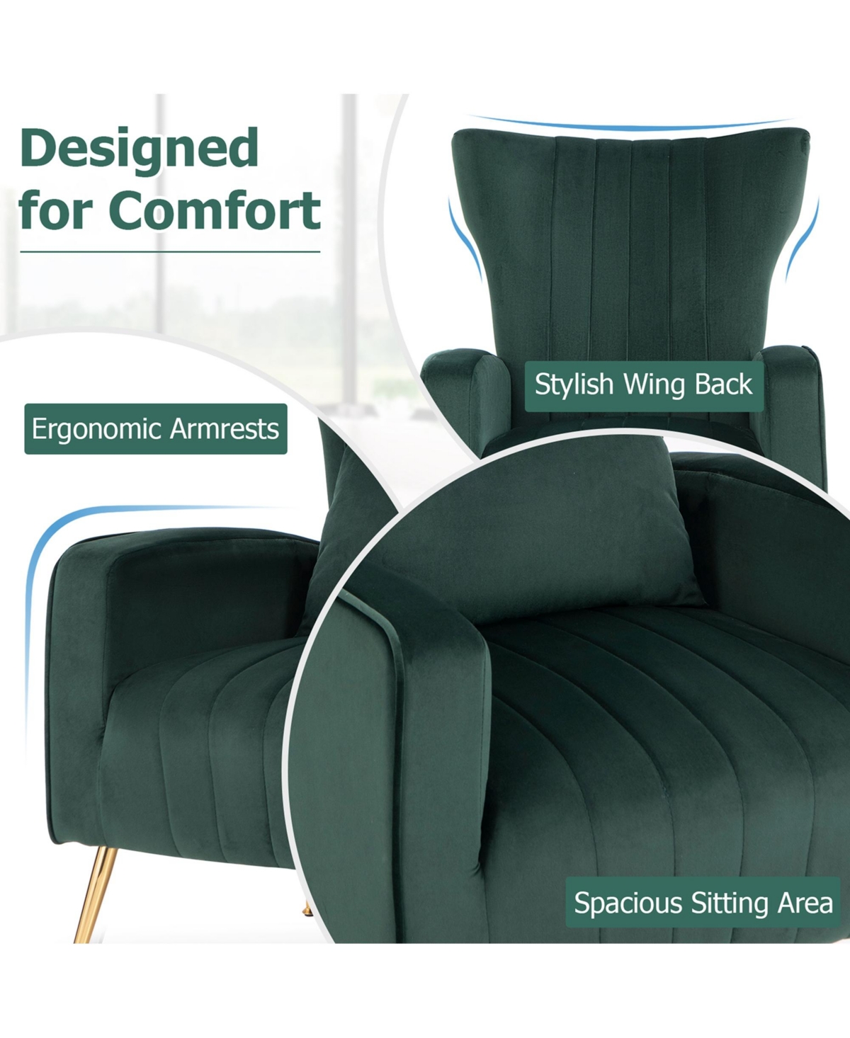 Costway Velvet Upholstered Wingback Chair with Lumbar Pillow & Golden Metal Legs