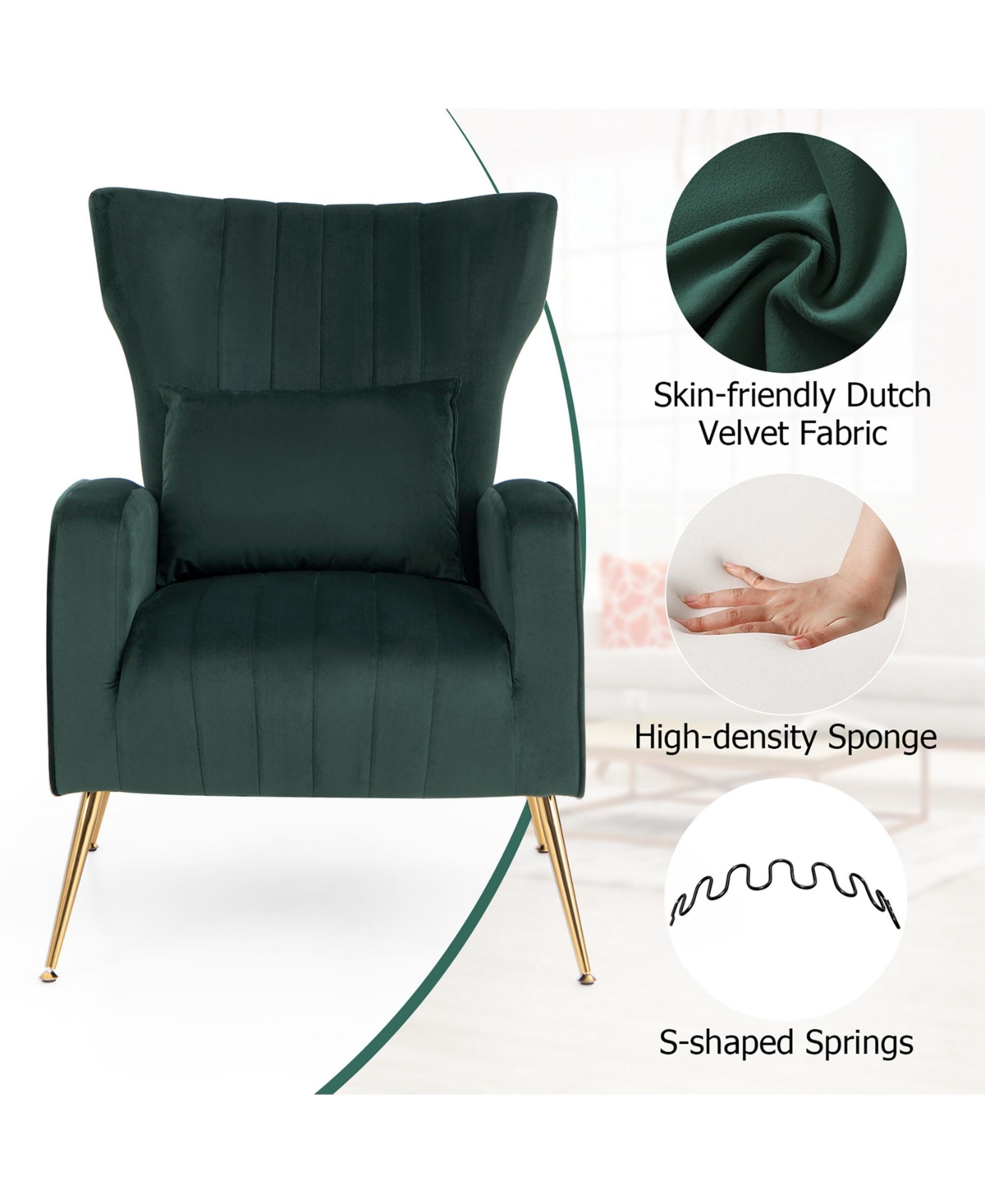 Costway Velvet Upholstered Wingback Chair with Lumbar Pillow & Golden Metal Legs
