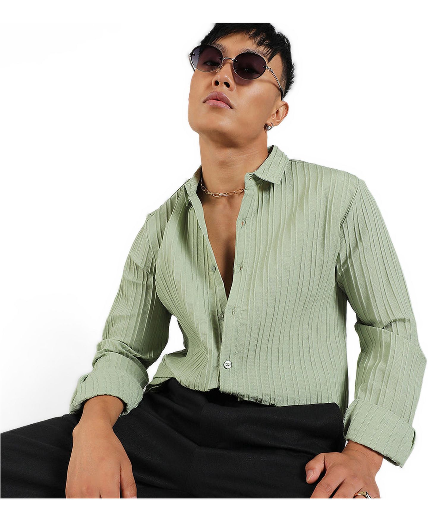 Мужская рубашка Cahoot Campus Sutra Pistachio Green Self-Design Striped, цвет: Зелёный — фото 3