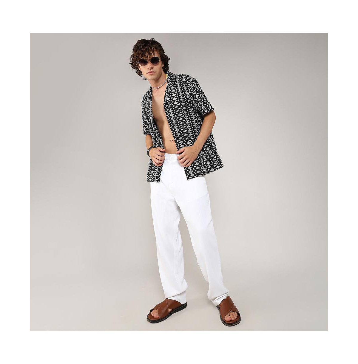 Campus Sutra Men's ObsidianEmbroidered Geometric Shirt - Black