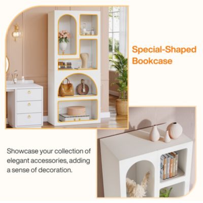 70" Tall Geometric Bookshelf, White Arched Bookcase with 5 Irregular Storage Shelves, Modern Open Art Decor Display Shelf Free-Standing