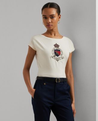 Lauren Ralph Lauren Women's Beaded-Crest Cotton Jersey Tee
