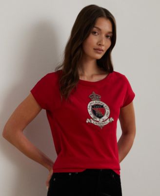 Lauren Ralph Lauren Women's Beaded-Crest Cotton Jersey Tee - Macy's