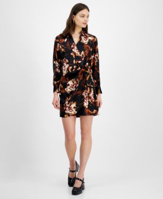 Bar III - Printed Satin Faux-Wrap Dress,