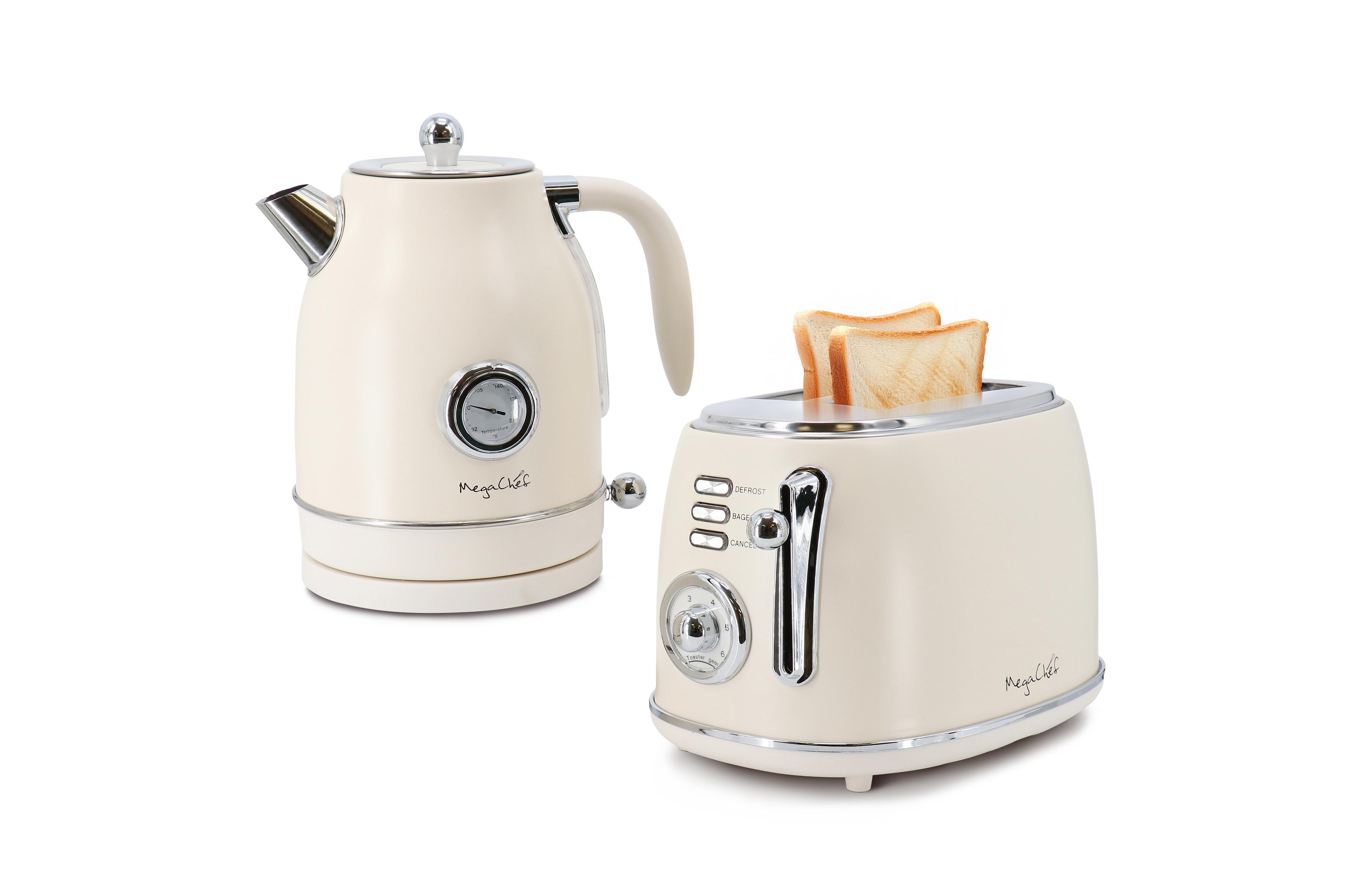 MegaChef 1.7 Quart Electric Tea Kettle and 2 Slice Toaster Combo Matt Cream