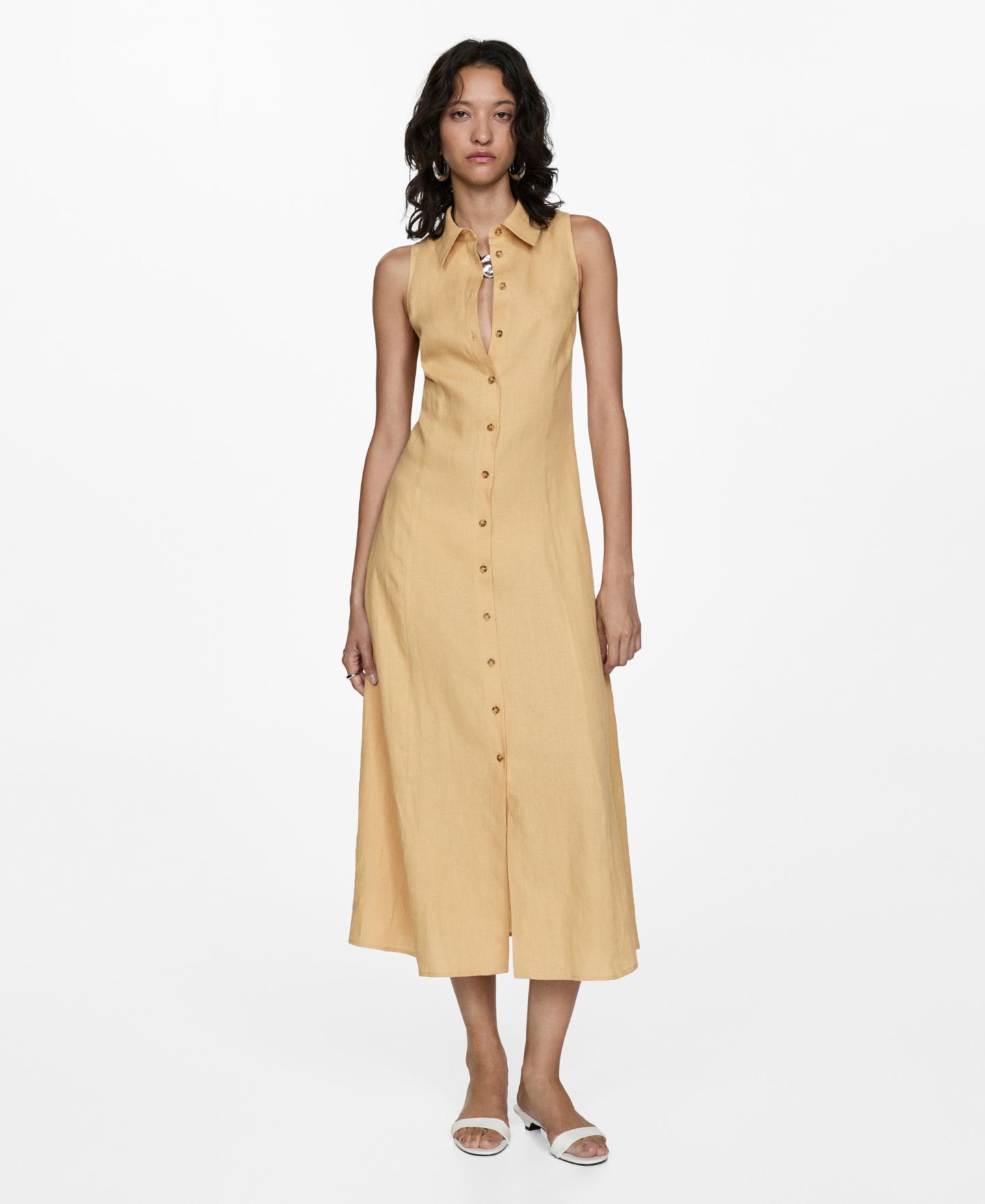 Женское платье MANGO Linen-Blend Shirt Dress, цвет: Ochre — фото 1