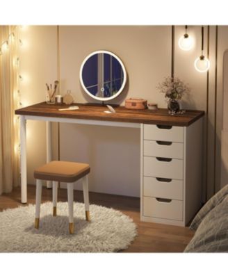 47 inches Vanity Desk with 5 Drawers, Rustic Brown Makeup Vanity Table Dressing Table with Storage, Modern Simple Computer Desk for Women, Girls