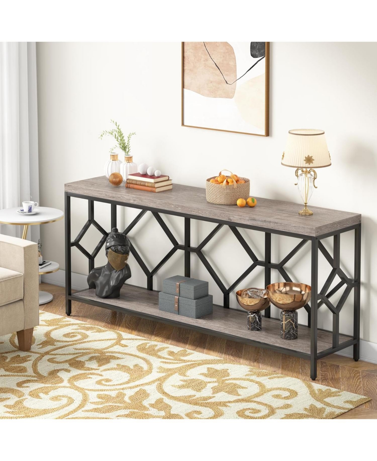 Tribesigns Extra Long Sofa Table, Narrow Long Sofa Console Tables Behind Couch Table with Open Storage Shelf - Grey and black
