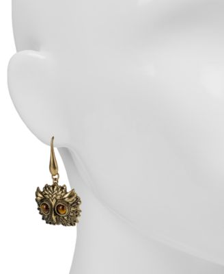 Gold-Tone Tiger's Eye Owl Head Drop Earrings
