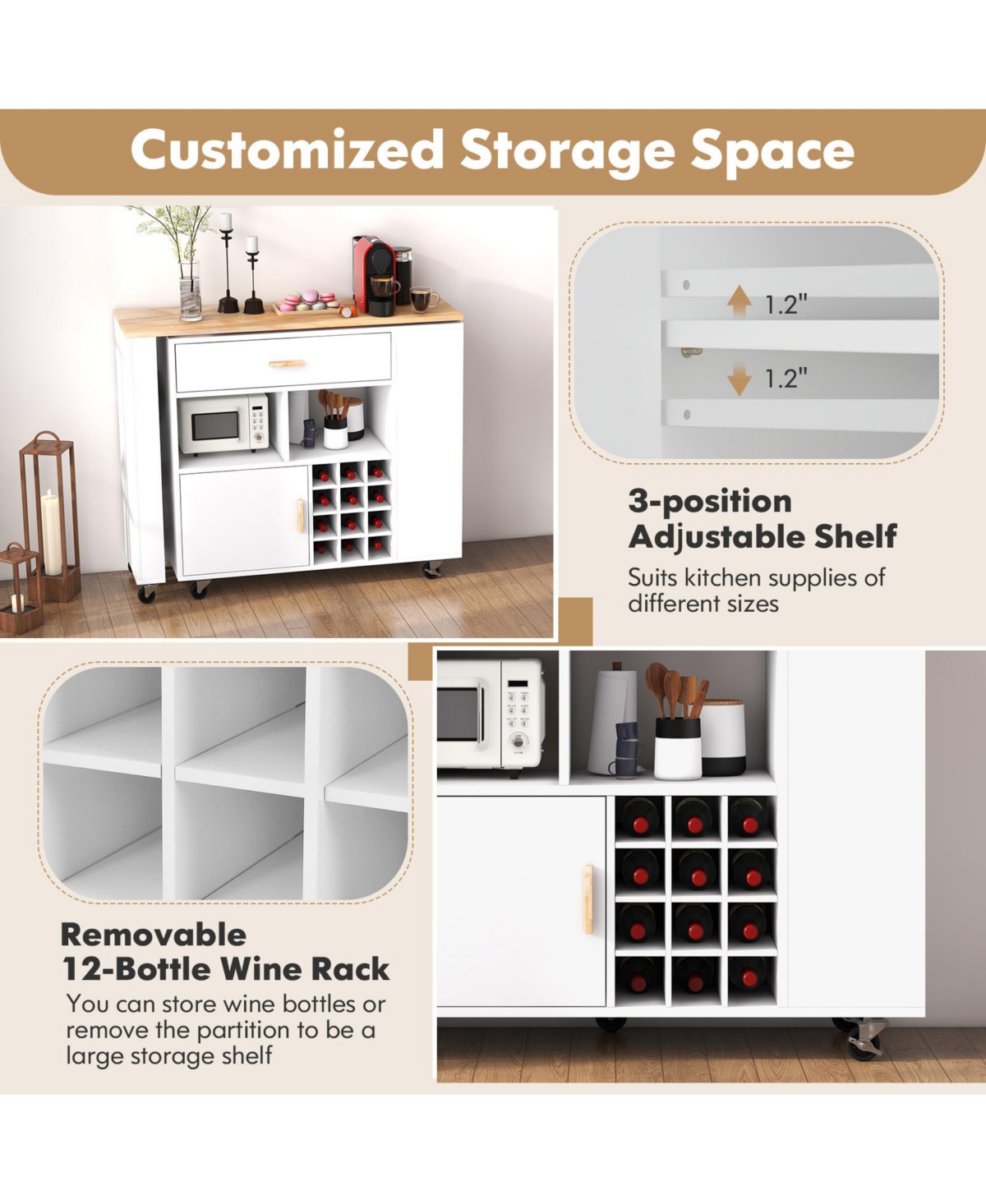 Sugift Reversible Folding Kitchen Island Cart with Wine Rack and Spice Rack
