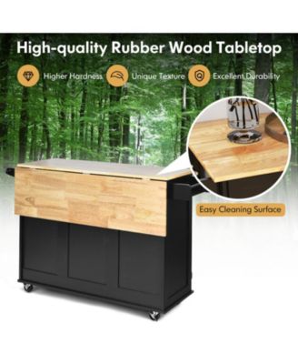 SUGUIFT Kitchen Island Trolley Cart Wood with Drop-Leaf Tabletop and Storage Cabinet