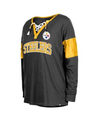 Women's Black Pittsburgh Steelers Lace-Up Notch-Neck Long Sleeve T-Shirt
