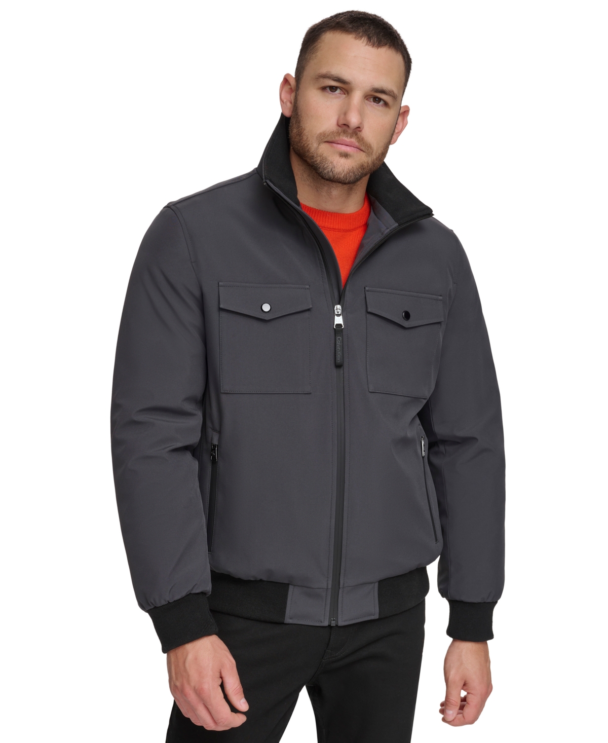 Calvin Klein Water Resistant Flextech Stretch Bomber Jacket In Iron