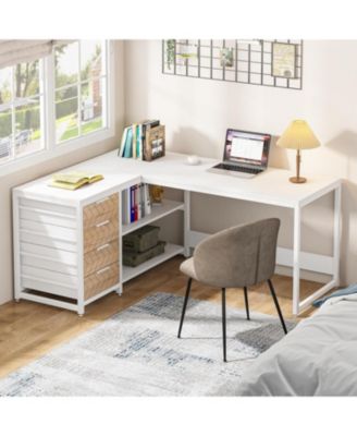 L Shaped Computer Desk with Storage Drawers, 59 inch Corner Desk with Shelves, Reversible L-Shaped Office Desk Study Writing Table Workstation for Home Office