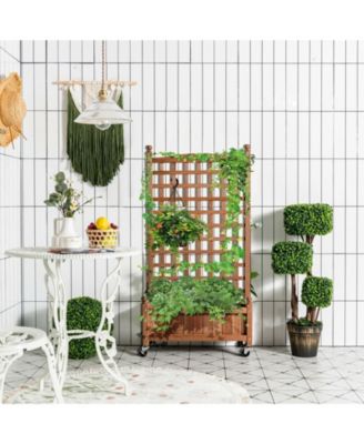 50 Inch Wood Planter Box with Trellis Mobile Raised Bed for Climbing Plant