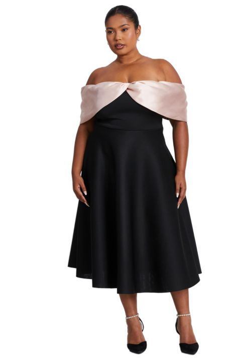 Женское платье QUIZ Scuba Crepe Bardot Skater Midi, цвет: Чёрный