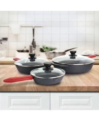 Pre-Seasoned 9 Piece Cast Iron Skillet Set with Lids and Red Silicone Holder