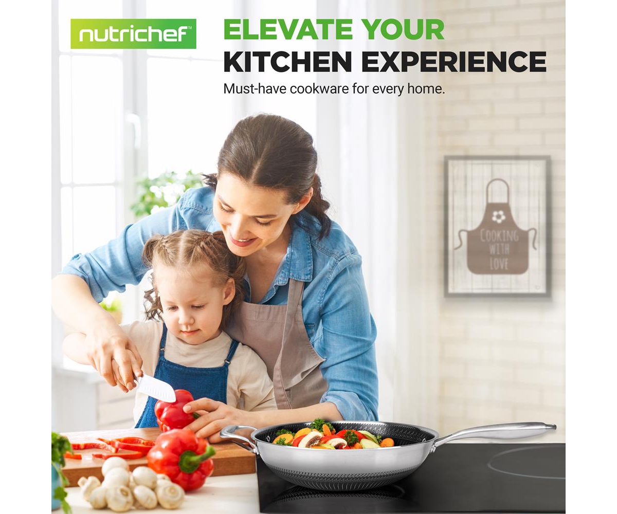 NutriChef 12'' Durable Wok with Side Handle - Triply Stainless Steel Cookware, Dakin Etching Non-Stick Coating Inside and Outside - Assorted Pre-pack