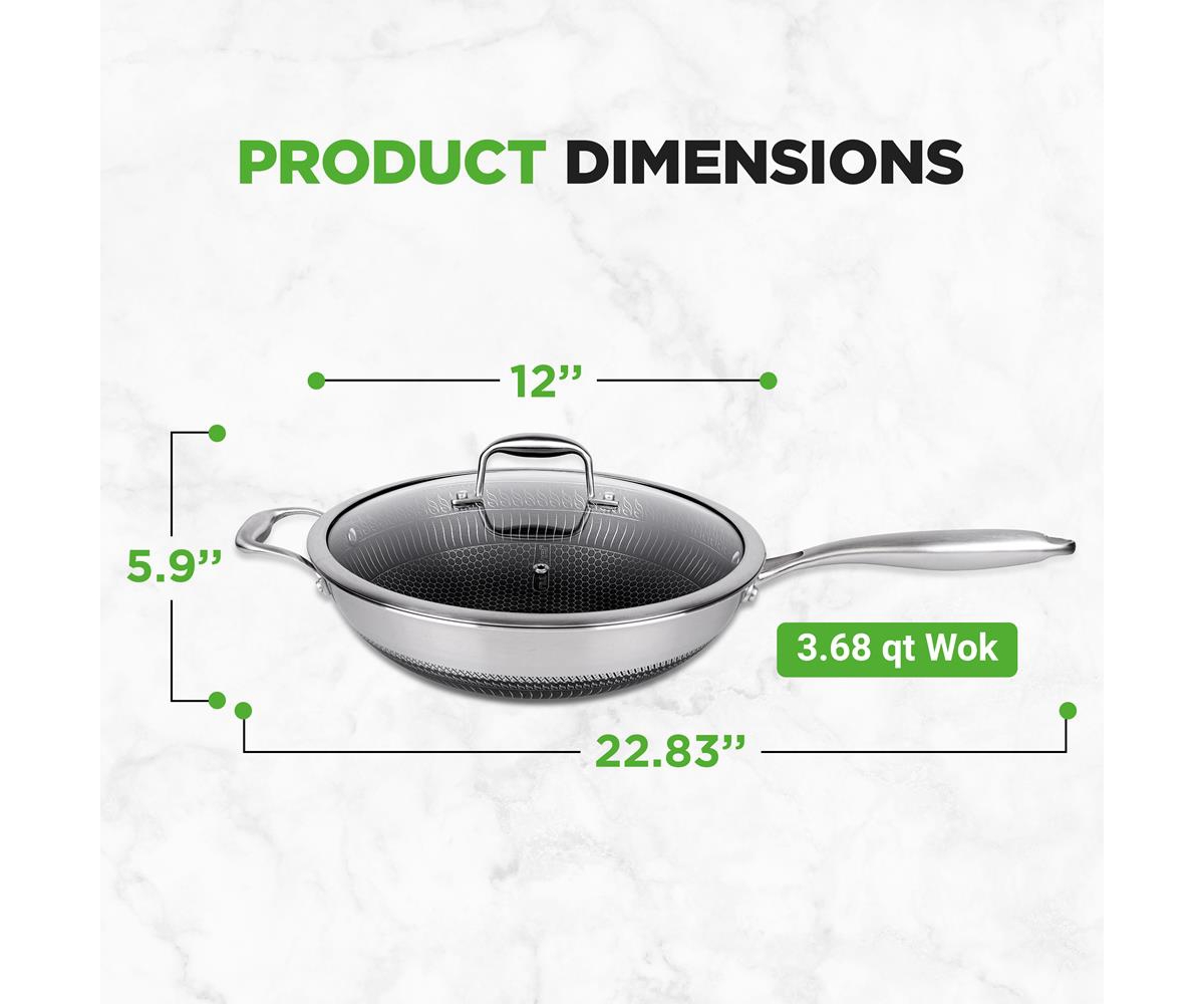 NutriChef 12'' Durable Wok with Side Handle - Triply Stainless Steel Cookware, Dakin Etching Non-Stick Coating Inside and Outside - Assorted Pre-pack