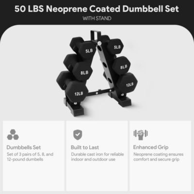 50 Pound Neoprene Coated Dumbbell Set with Stand, Black