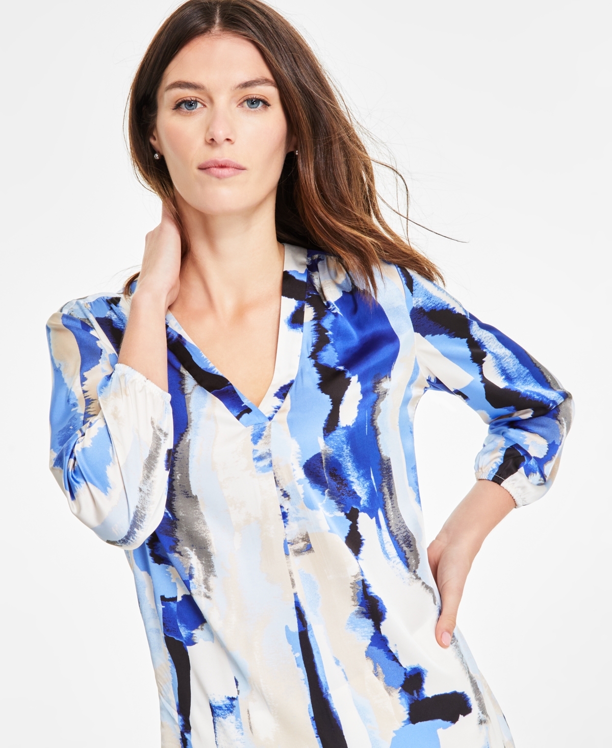 Jones New York Abstract Print Pleat V-neck Top In Jones White Multi