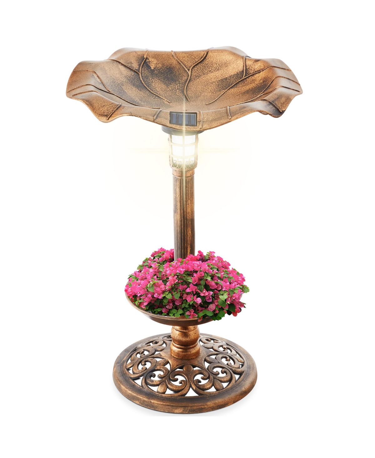 Solar Lighted Pedestal Bird Bath w/ Planter, Integrated Panel - Green