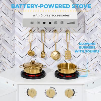 Pretend Play Corner Kitchen, Interactive Wooden Kids Set w/ Lights & Sounds