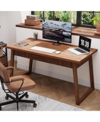 Home Office Executive Desk: 55 Inches Solid Wood Computer Desk with Drawer, Rustic PC Laptop Desk Workstation Furniture, Walnut Brown