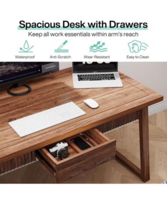Home Office Executive Desk: 55 Inches Solid Wood Computer Desk with Drawer, Rustic PC Laptop Desk Workstation Furniture, Walnut Brown