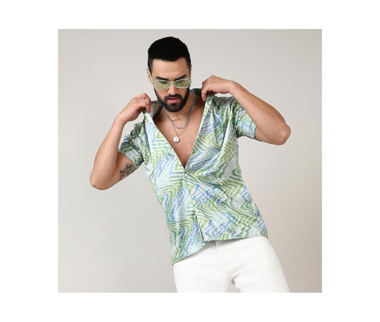 Мужская рубашка Cahoot Campus Sutra Grass Green & Navy Blue Ripple, цвет: Синий — фото 3