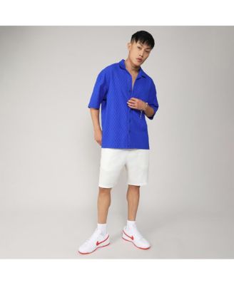 Men's Royal Blue Textured Geometric Oversized Shirt