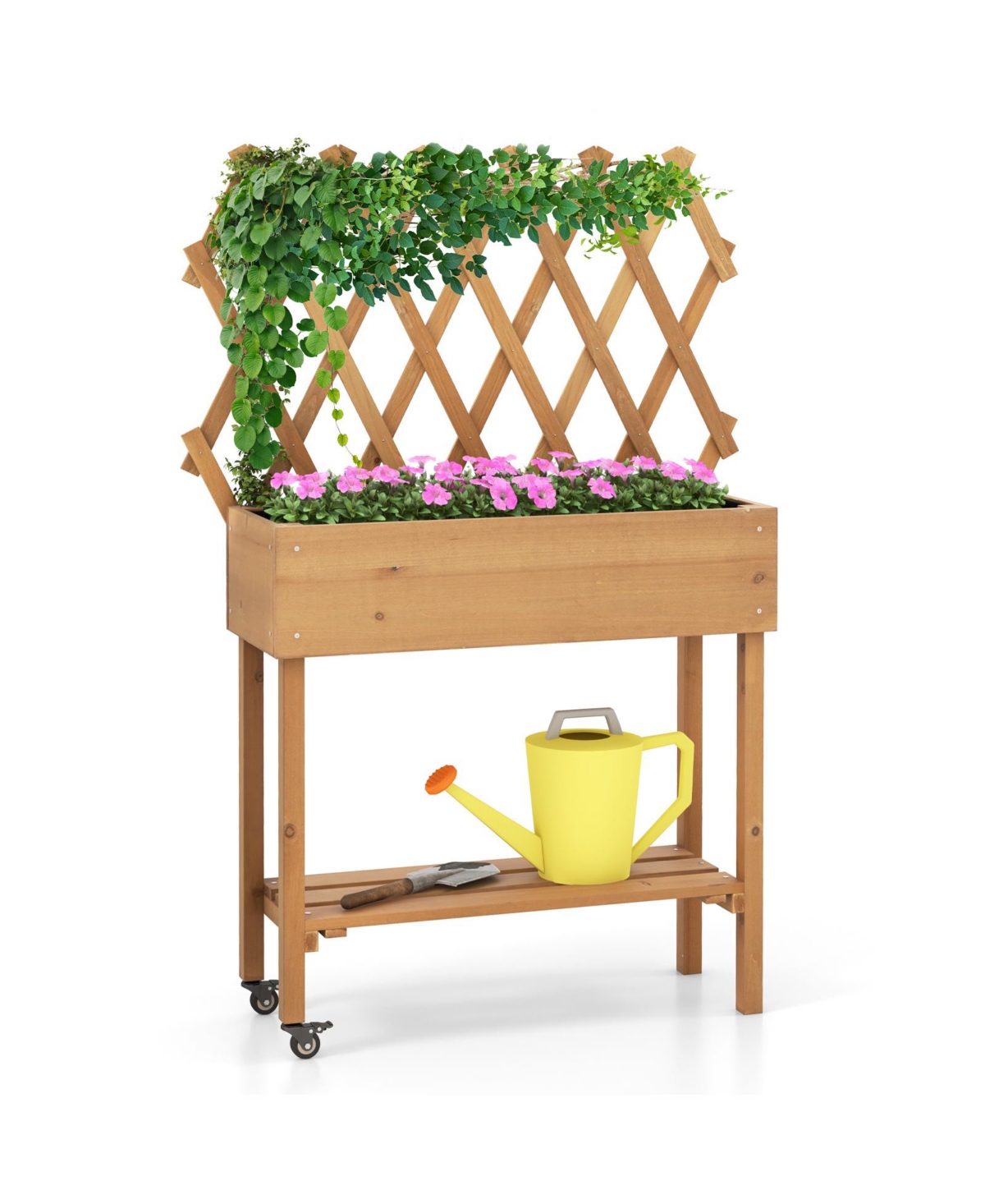 Wooden Rolling Raised Garden Bed with Trellis and Storage Shelf - Natural