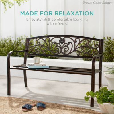 Outdoor Steel Bench Garden Patio Porch Furniture w/ Floral Design Backrest