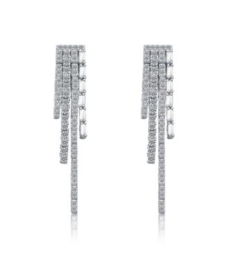 Sterling Silver White Gold Plated with White Cubic Zirconia Graduated Fringe Dangle Earrings