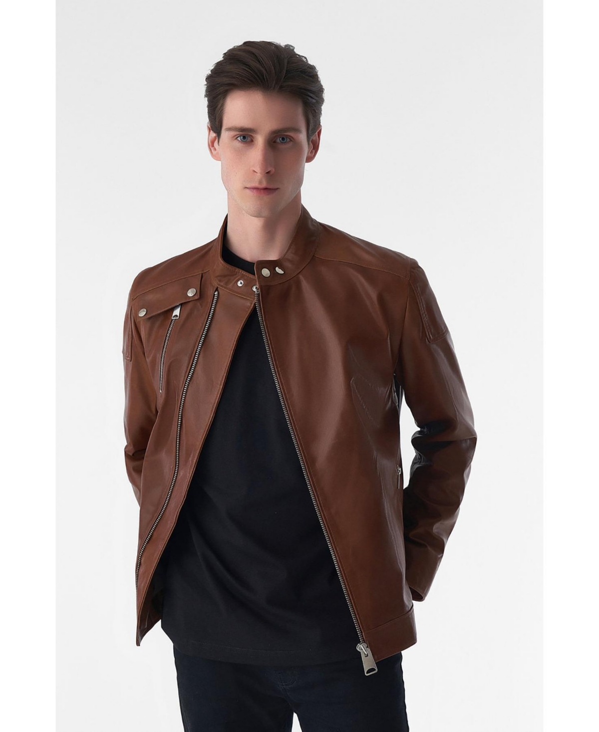 Furniq Uk Men's Genuine Leather Snap Detail Jacket, Antique- Tan
