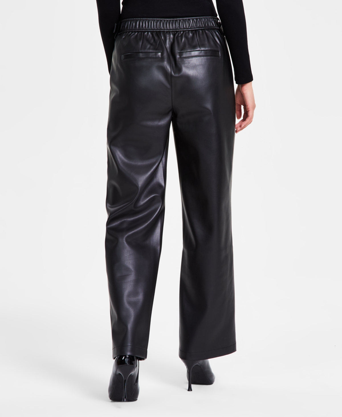Bar Iii Women's Faux-leather Belt-waist Straight Pants, Created For Macy's In Deep Black