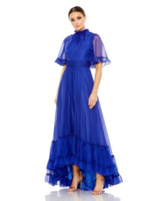 Mac Duggal Women's Ruffled High Neck Flutter Sleeve High Low