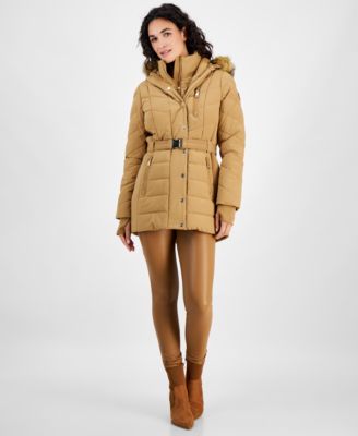 Petite Belted Faux Fur Trim Hooded Puffer Coat