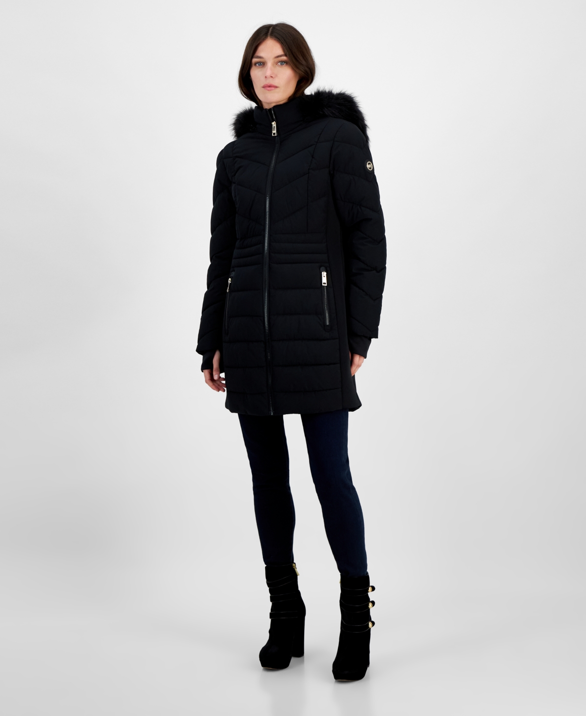 Michael Michael Kors Women's Faux-Fur-Trim Hooded Puffer Coat, Created for Macy's - Olive