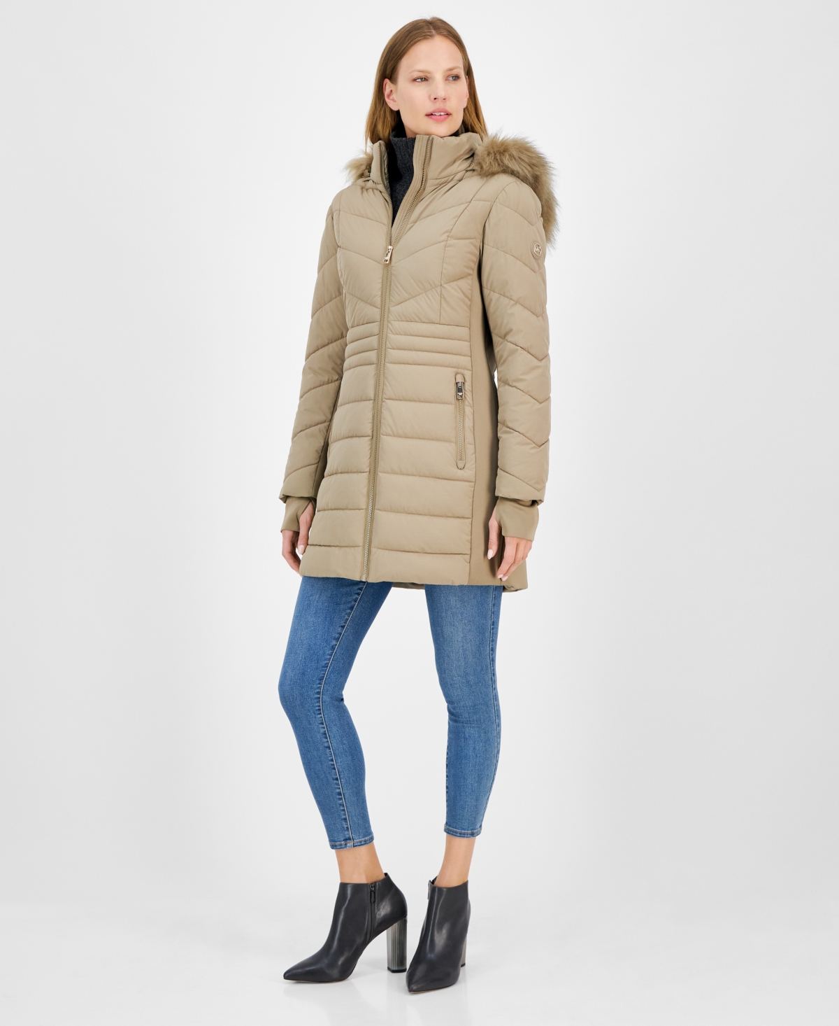 Michael Michael Kors Women's Faux-Fur-Trim Hooded Puffer Coat, Created for Macy's - Olive