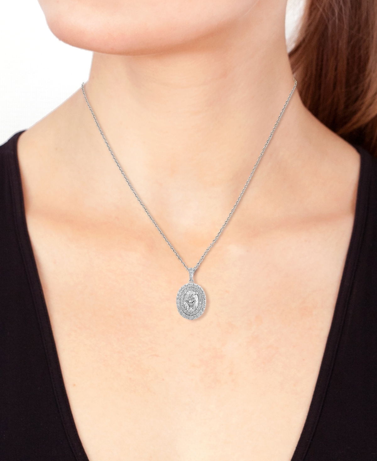 Effy Collection Effy Lab Grown Diamond Oval & Round Double Halo 18" Pendant Necklace (2-3/4 Ct. T.w.) In 14k White G In White Gold