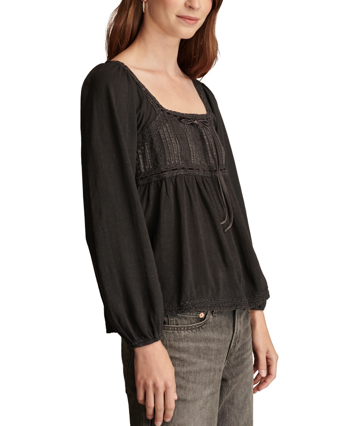 Lucky Brand Women's Lace-Trim Pintucked Knit Top