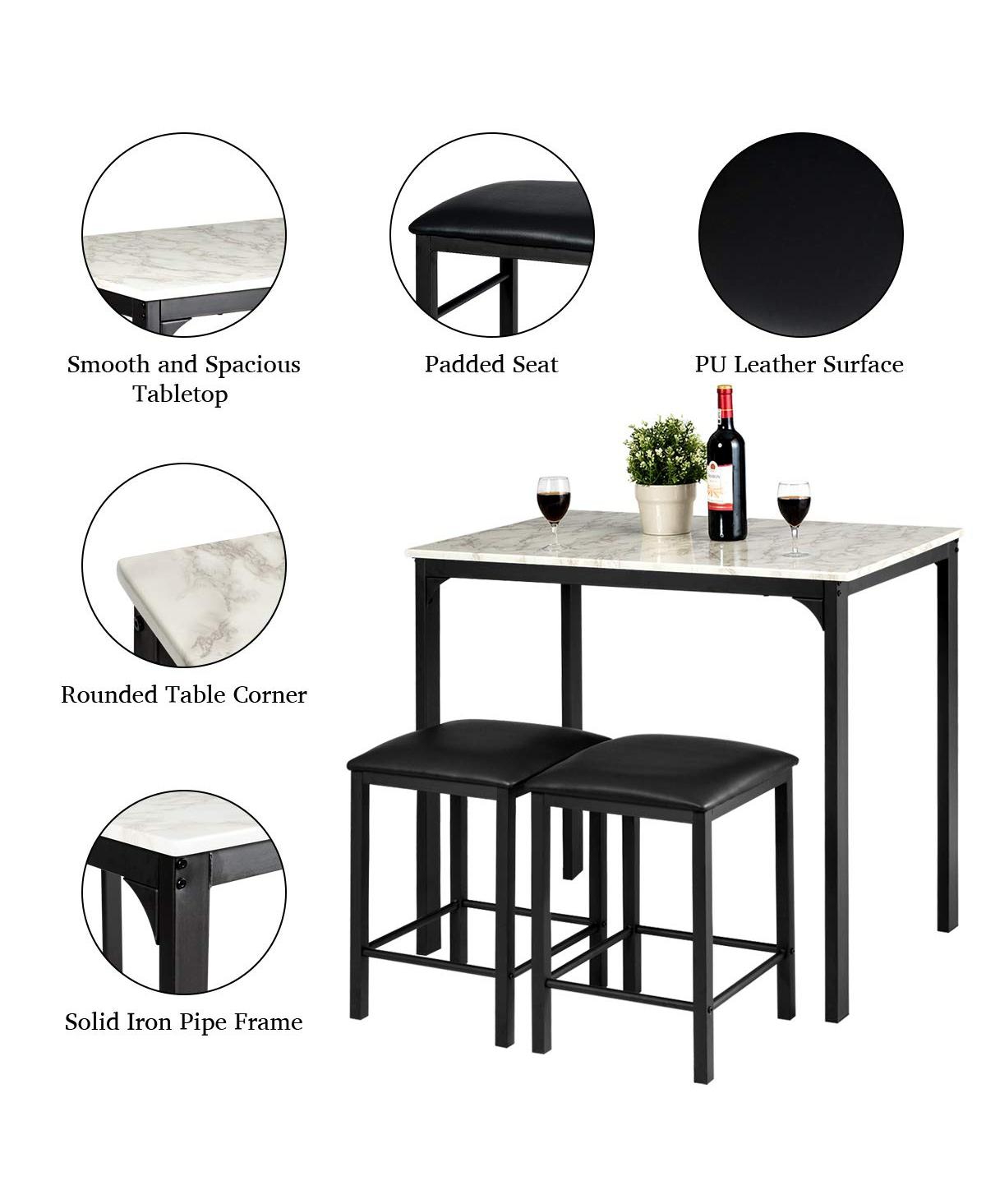 Sugift 3 Pieces Dining Table Set with Faux Marble Tabletop and 2 Chairs