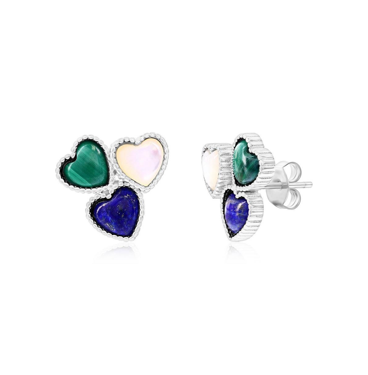 Sterling Silver Triple Cluster Heart Mop, Lapis, & Malachite Earrings - Lapis, malachite  mop