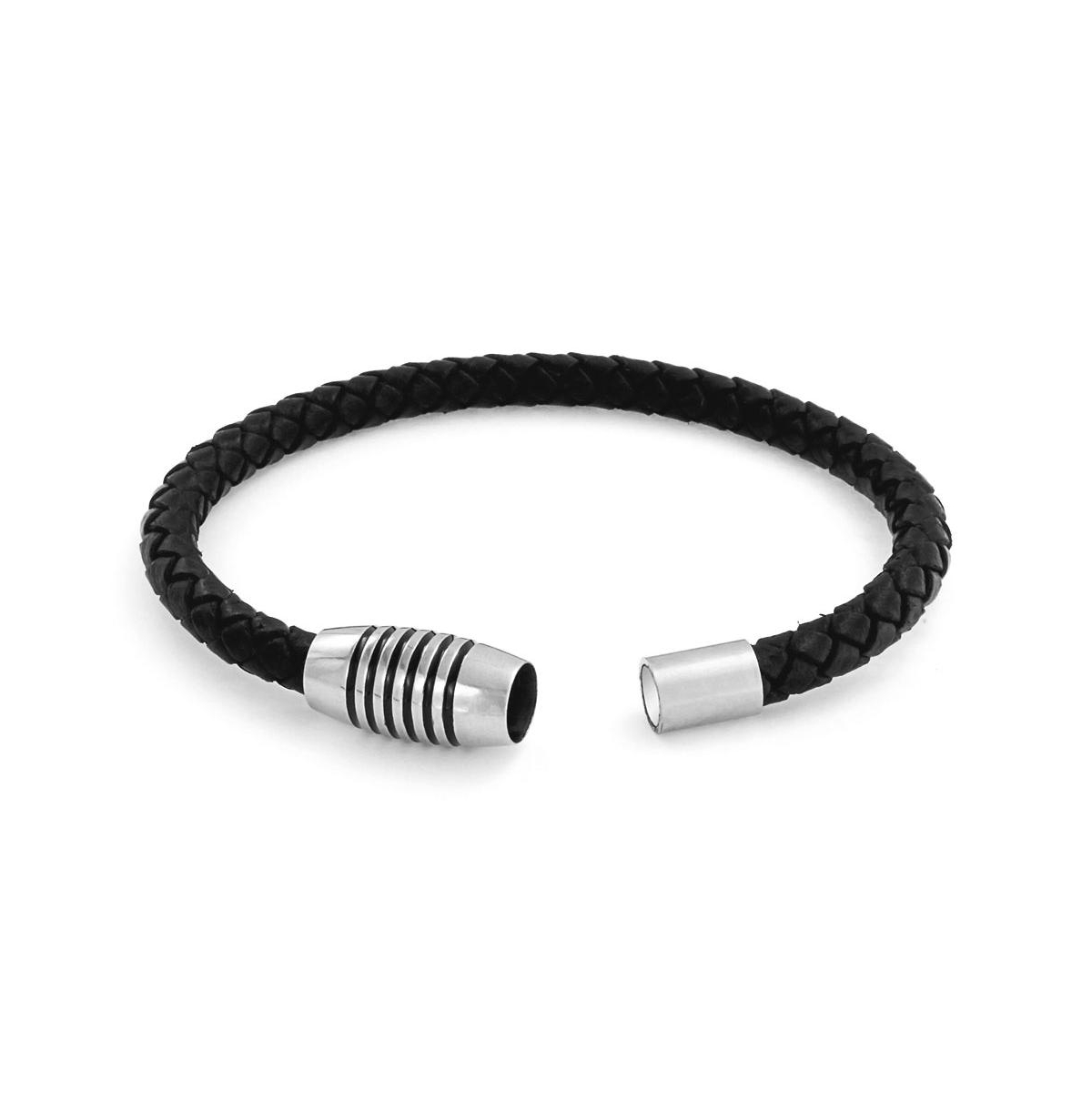 Bling Jewelry UnisexStackable Woven Weave Braided Leather Bracelet Woven Bangle Bracelet For Men Women Stainless Barrel Clasp - Black
