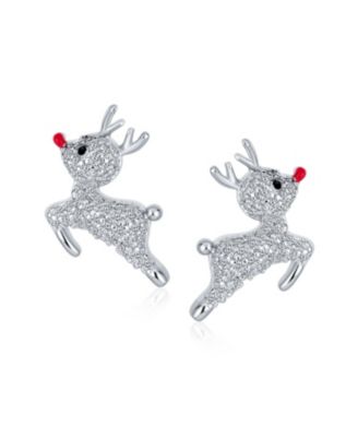 Delicate CZ Encrusted Cubic Zirconia Holiday Christmas Rudolph Red Nose Reindeer Stud Earrings Sterling Silver
